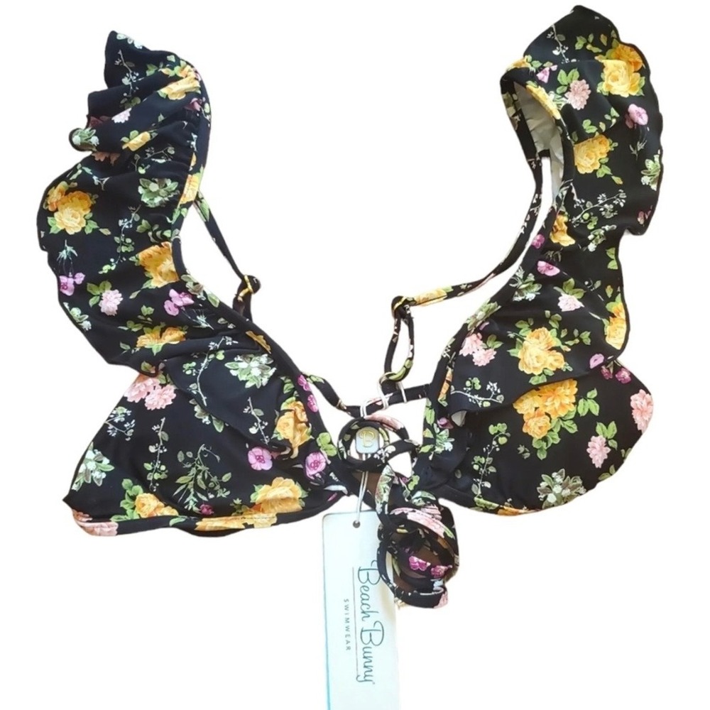 Beach Bunny Floral Ruffle Triangle Bikini Top Black Yellow Rose B19108T8 2XL NEW
